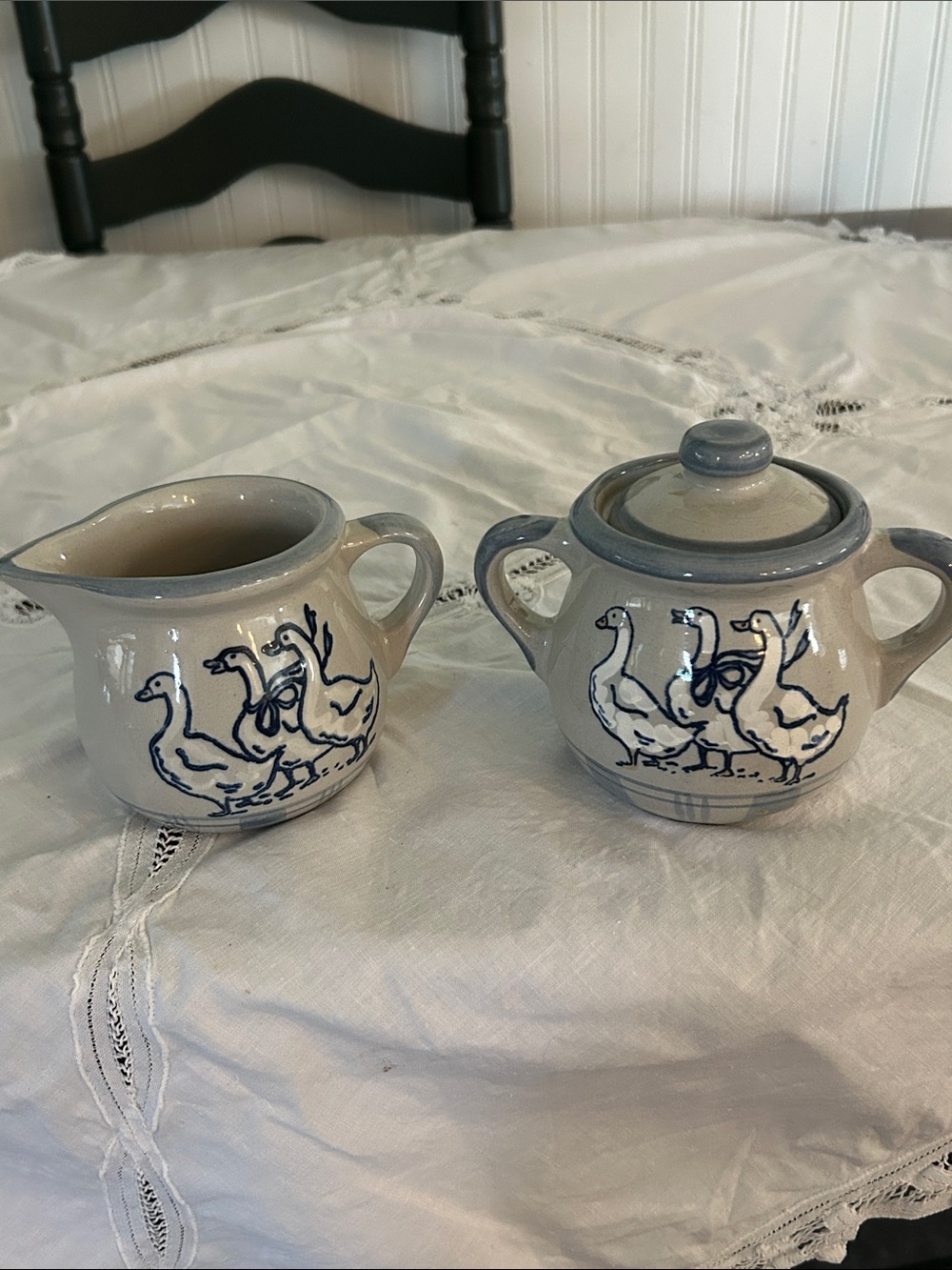 Cream and Blue Goose Ceramic Sugar and Creamer Set